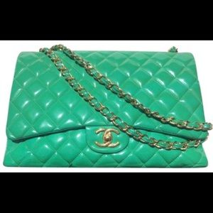 Chanel Green Leather Maxi Double Flap Shoulder Bag